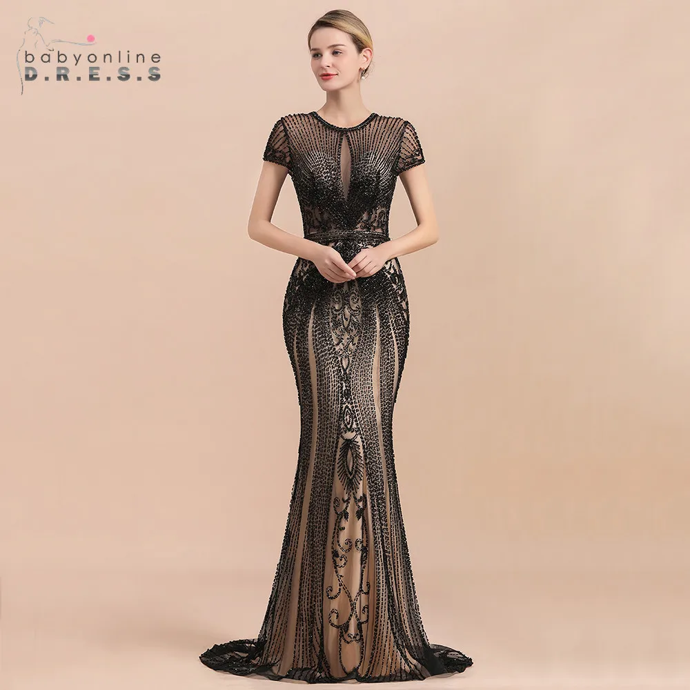 

Pearls Mermaid Long Evening Dress 2022 Luxury Sexy Illusion Party Dress O Neck Formal Evening Prom Gowns Women Vestido de Festa