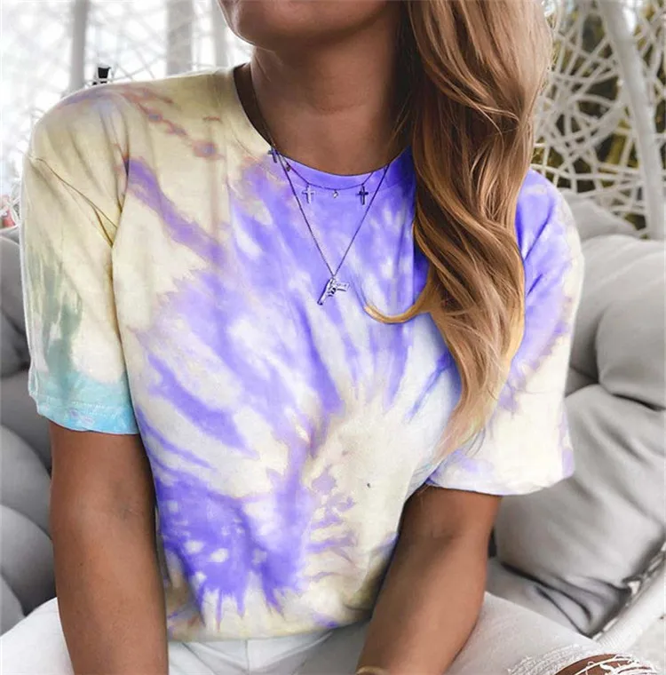 

Summer new Europe tie dye gradient printing round neck loose casual T-shirt blouse