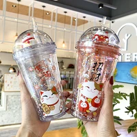 lucky cat water bottle with straw japanese pink cute ice cup kids girls creative double wall drinking gifts