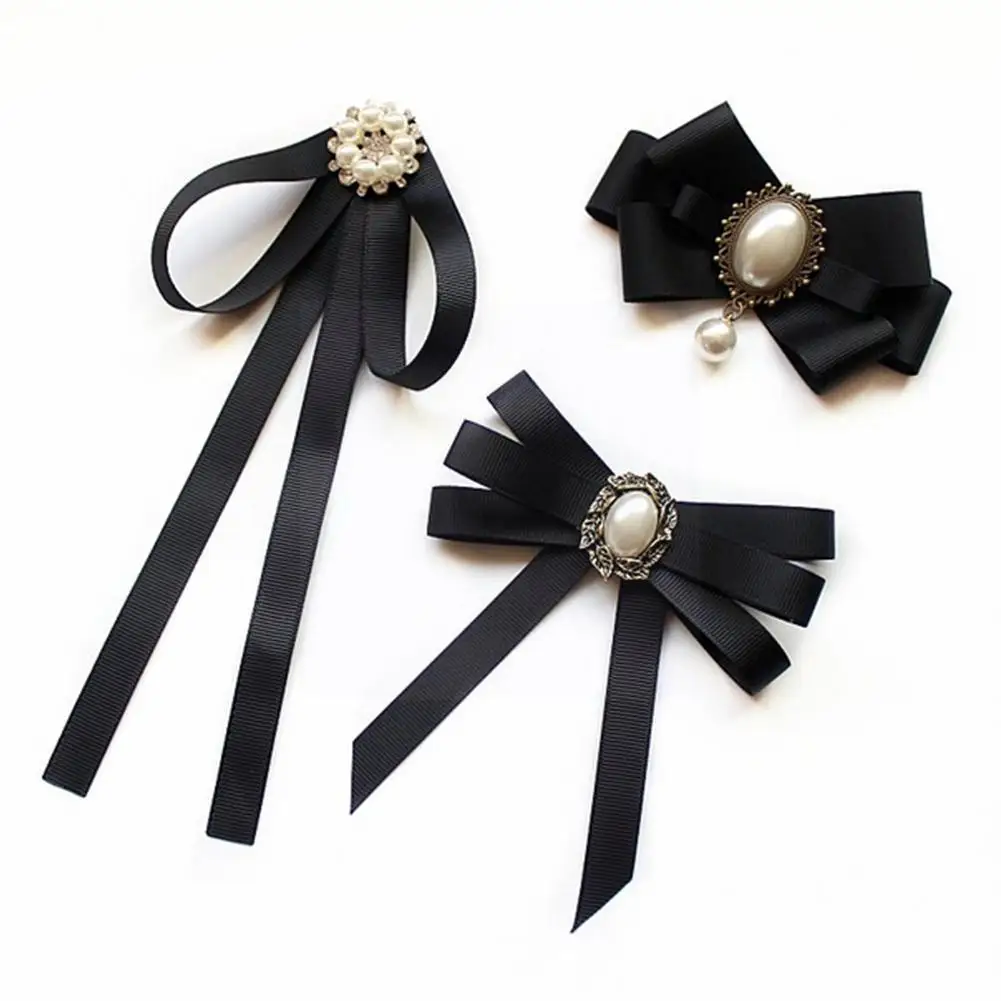 

Женский галстук-бабочка с жемчужинами, элегантный аксессуар с бантом из черной ленты, универсальный, L7h4