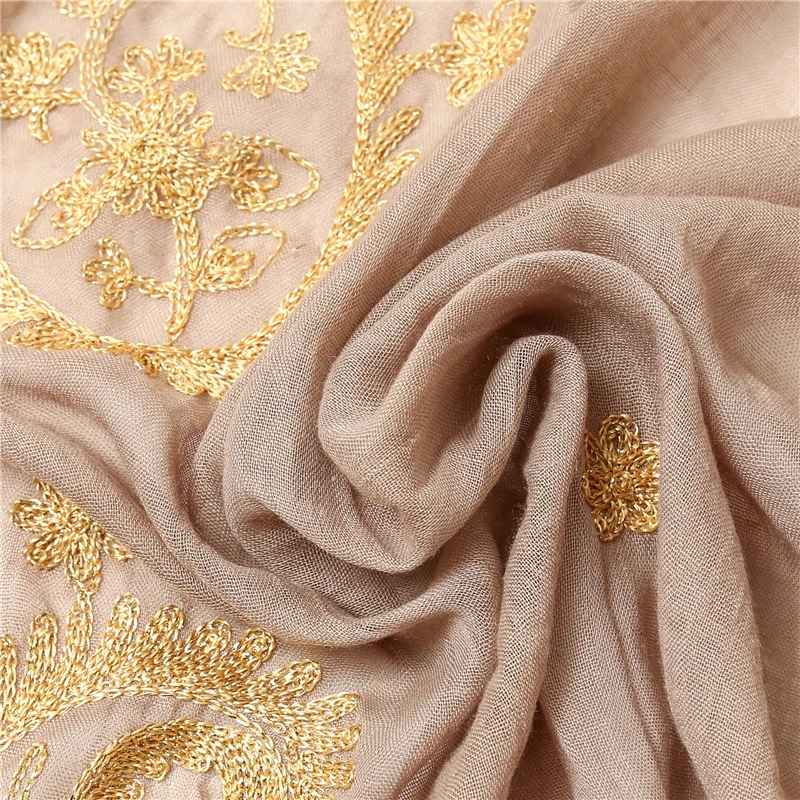 

2020 Women Winter Scarf Solid Cotton Hijab Female Shawls Gold Silk Embroidery Lady Pashmina Warps Fashion Soft Neck Scarves New