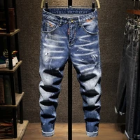 newly street style fashion men jeans retro blue elastic slim ripped jeans men embroidery designer hip hop splash pencil pants