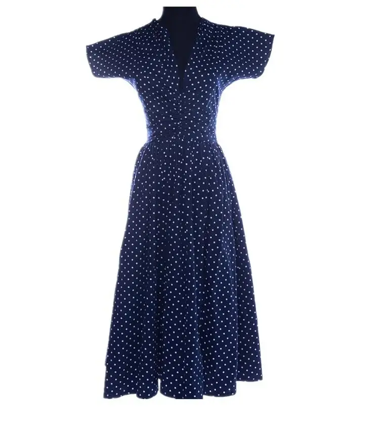 

Le Palais Vintage Elegant Dark Blue Dot V-neck Swing Dress High Waist Pleated Dress Midi Women Robe Femme Vestidos