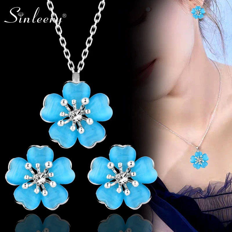 

SINLEERY Charm Opal Stone Plum Flower Necklace Earrings Jewelry Sets For Women Wedding Party Rose Gold Color Tz153 SSP