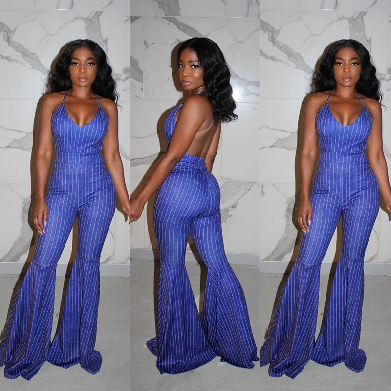 

Europe and America Sexy Striped Suspenders Flared Pants Jumpsuit Overalls Bodysuit Nightclub Ropa De Mujer Women's Clothes New