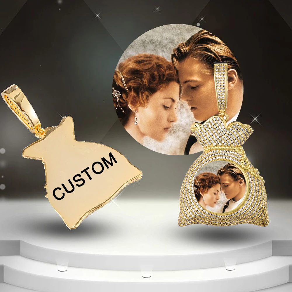 

Custom Made Photo Necklace Medallions Pendant Hip Hop Money Bag Shape Iced Out Bling Cubic Zircon Personalized Men Women Jewelry
