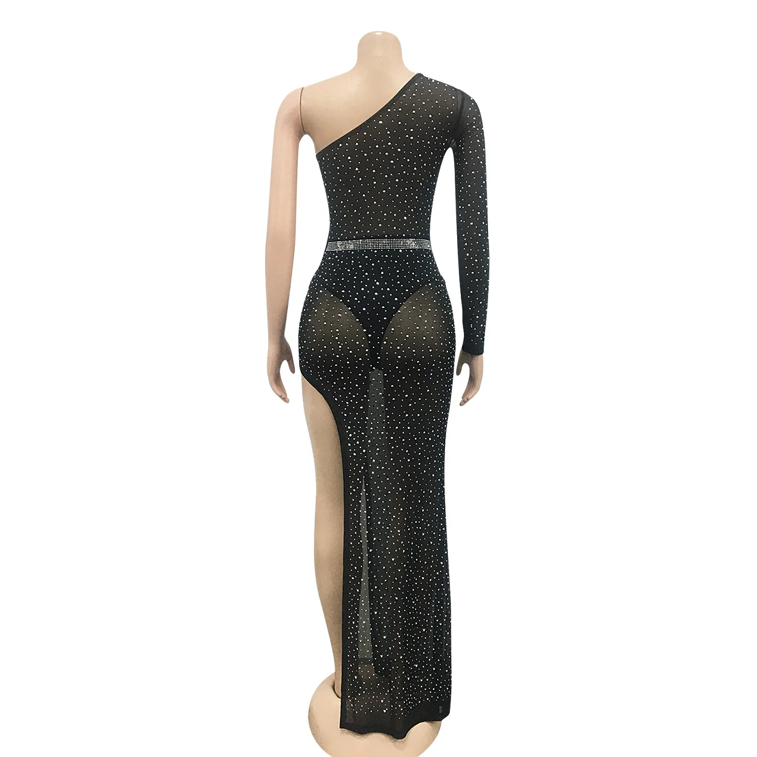 

Elegant Glitter Hot Drilling Long Dress for Women 2021 Sexy One Shoulder High Slit Bodycon Club Party Maxi Dress Robe Femme