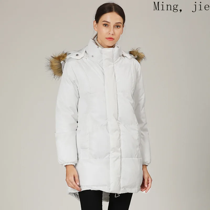 

2020 Version The White Women Mid-length Cotton Jacket Casual Coat with Hood and Fur Collar Bubble To Keep Warm Autumn Winter