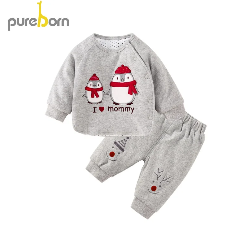 Pureborn/2 предмета; одежда для маленьких девочек; топы с рисунком пингвина и штаны с рождественским оленем; стеганые комплекты одежды для маленьких мальчиков; детская одежда - Цвет: gray