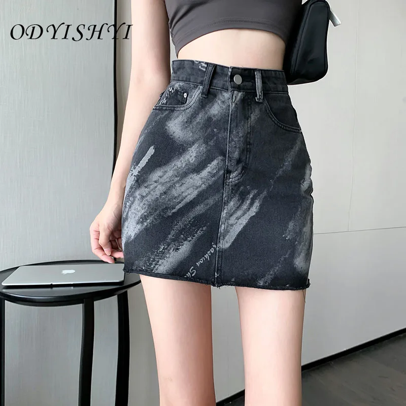

Female Summer Tie Dye Vintage Slim Fashion Denim Skirt Women High Sreet New Hit Color Print Skirts Ladies High Waist Skirt ML192