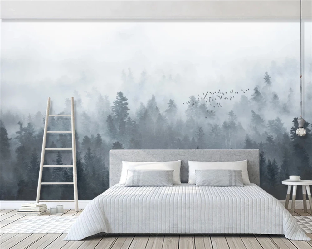 Пользовательские Современные 3D обои современный свежий лес облака флок птицы