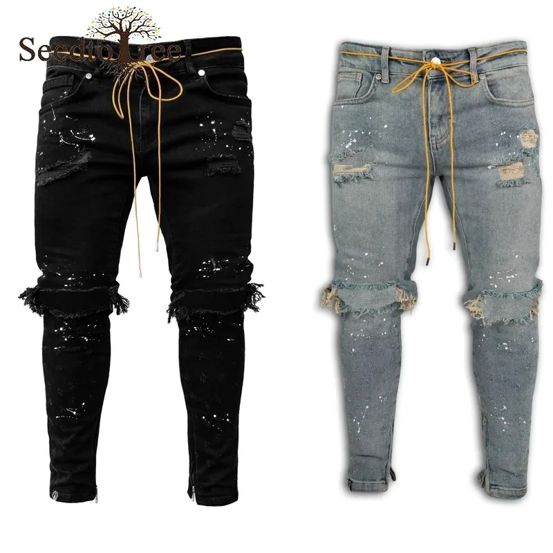 

Men's Slim Jeans Ripped Denim Casual Pants Men Hole Pencil Pants