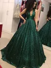 С v-образным вырезом и блестками бальное платье с низким вырезом на спине вечерние Maxys длинное вечернее платье для выпускного вечера; Robe De Soiree изумрудно-зеленый, на выпускной, платье