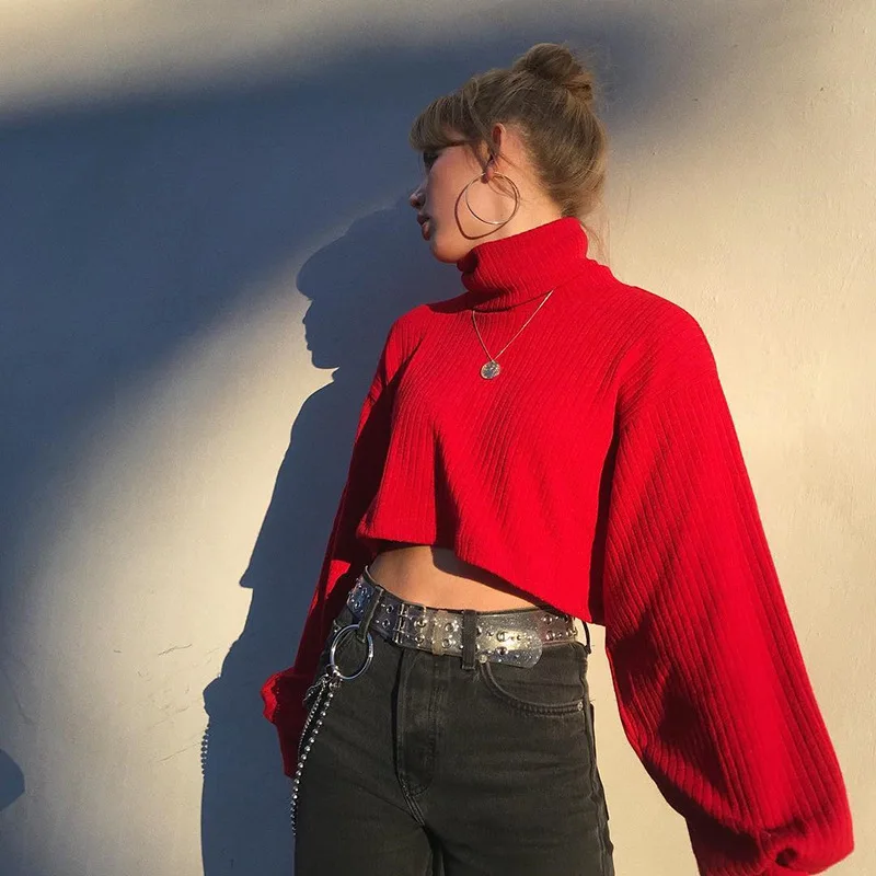 

Элегантный красный свитер, повседневный Короткий трикотажный пуловер Джокер с ворсовым воротником, красивые топы, новая модная одежда на осень и зиму