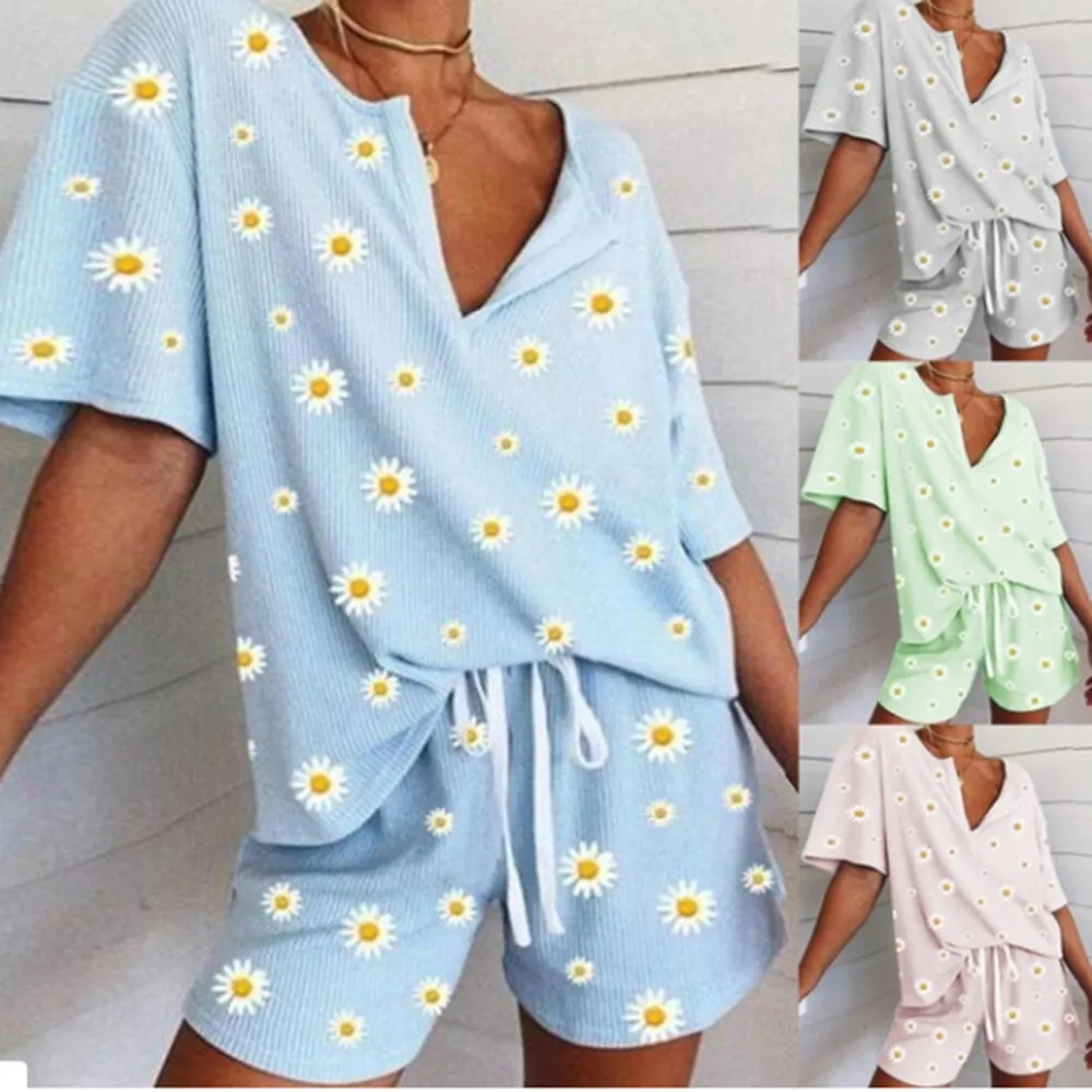

Women's Sleepwear Daisy Floral Print Short Set Pajamas For Women Pajama Set Sweet Short Sleeve T Shirts & Shorts Summer Pijama