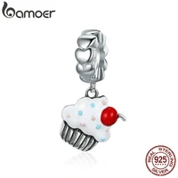 bamoer hot sale 925 sterling silver sweet cherry cream cupcake pendant charms fit women charm bracelets fine jewelry scc350