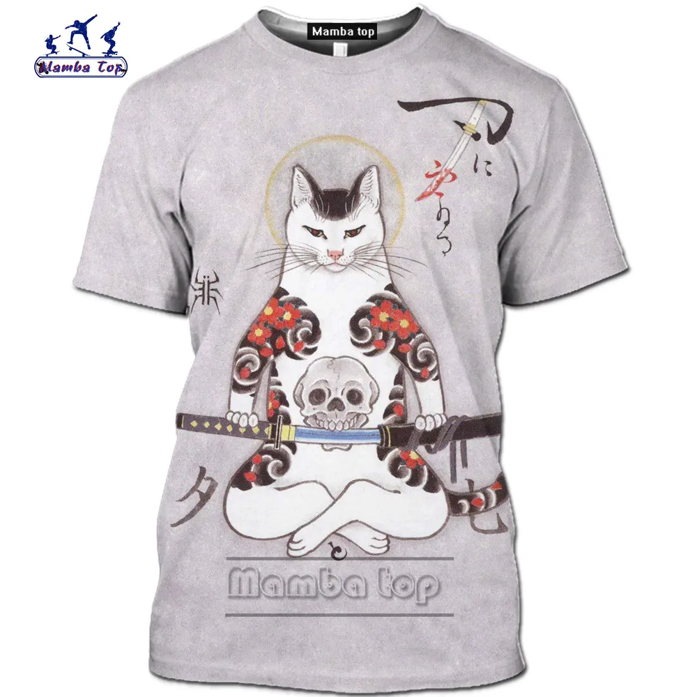 Мужская футболка Mamba Top с японским Самураем тату Кот забавная Летняя Повседневная