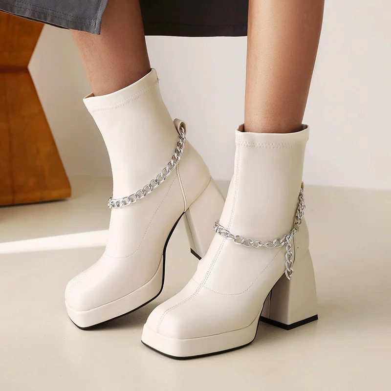

2021 Women Ankle Boots 9cm High Heels Chain Short Boots Winter Booties Wedges Platform Chunky Block Heels Cowgirl Leather Shoes
