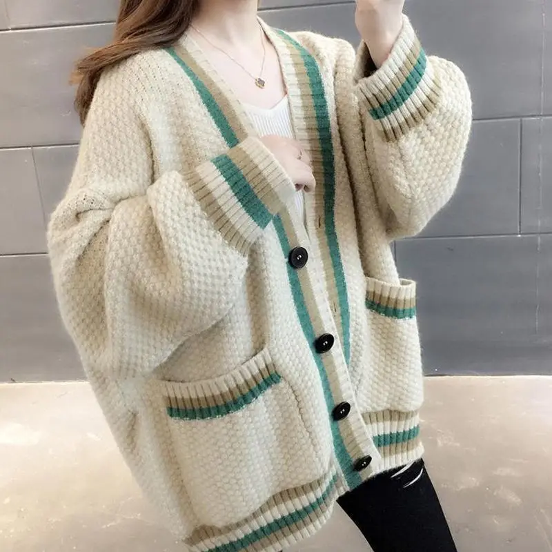

TIGENA New Women Knitted Cardigan 2021 Korean Fashion Loose Long Sleeve Sweater Cardigan Female Button Down Pocket Jacket Coat