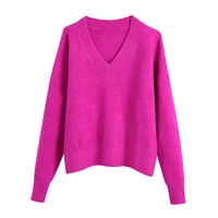 women fashion soft touch loose knitted sweater vintage v neck long sleeve female pullovers chic tops