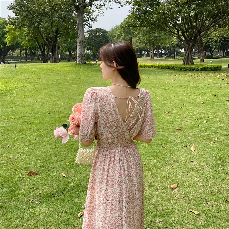 

Long Maxi Dress Summer Short Sleeve Elegant Lady Temperament Korean Chic V-neck Fashion Green Florla Printed Vintage Dress