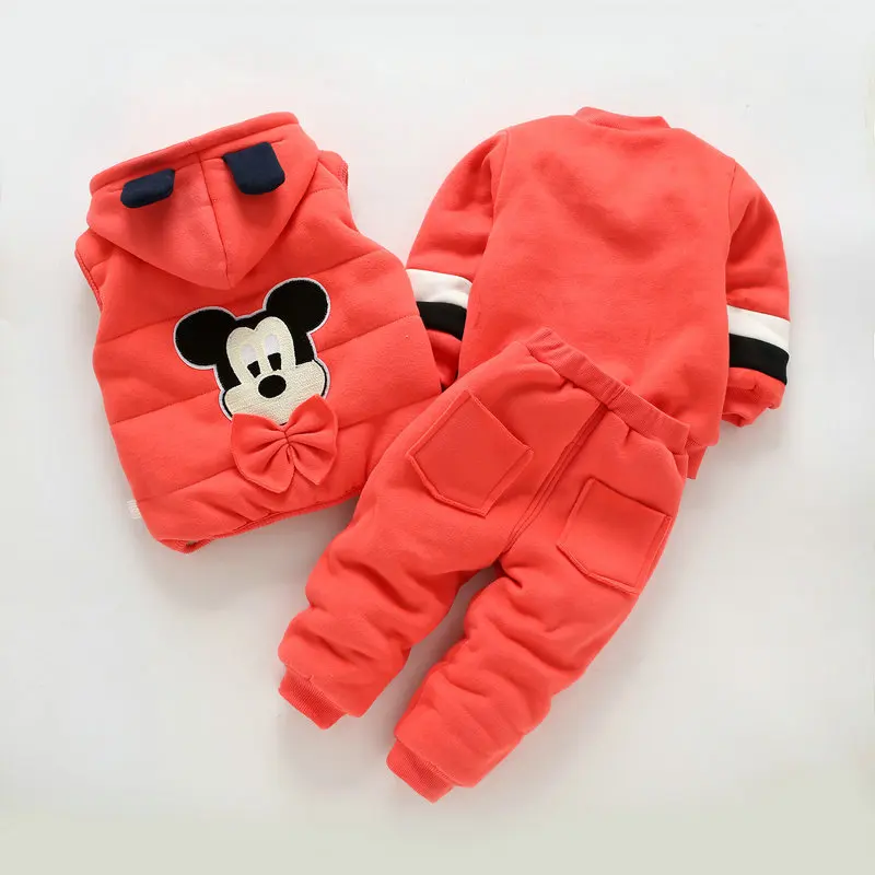 Children clothing sets baby boy and girls winter fashion cartoon mickey thicking Plus velvet hooded warm 3 pcs casual sport suit | Детская