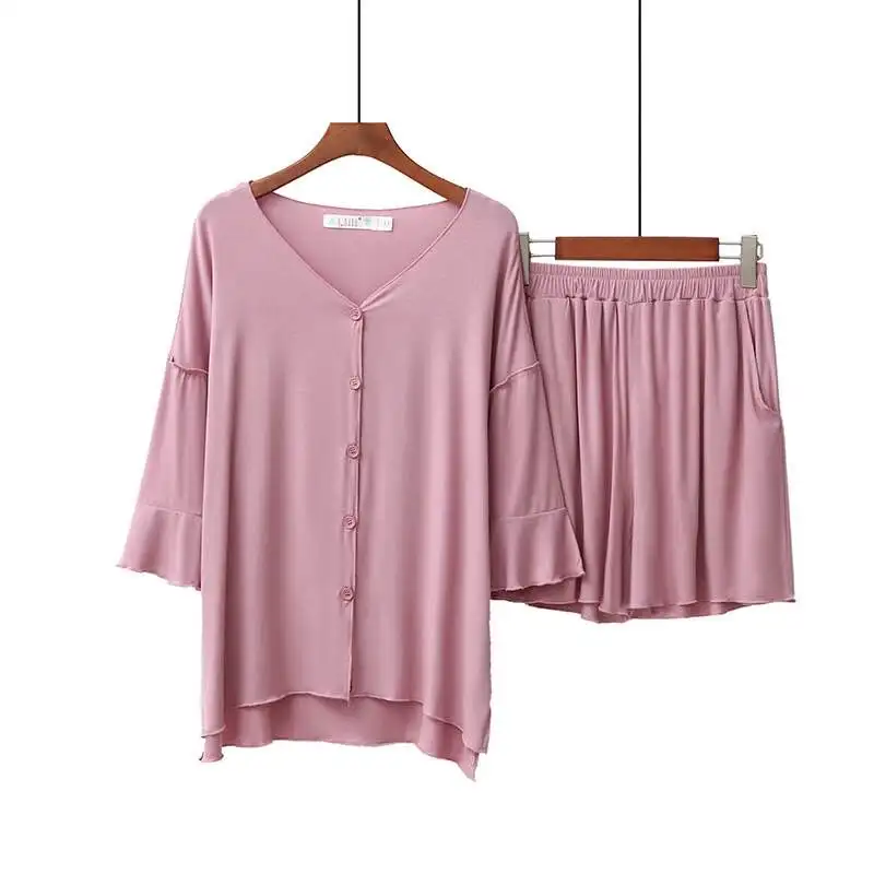 New Summer Pajamas Female Pure Cotton Short sleeve mid shorts Lotus leaf Pyjamas Large Size Spliced Home Suit | Женская одежда