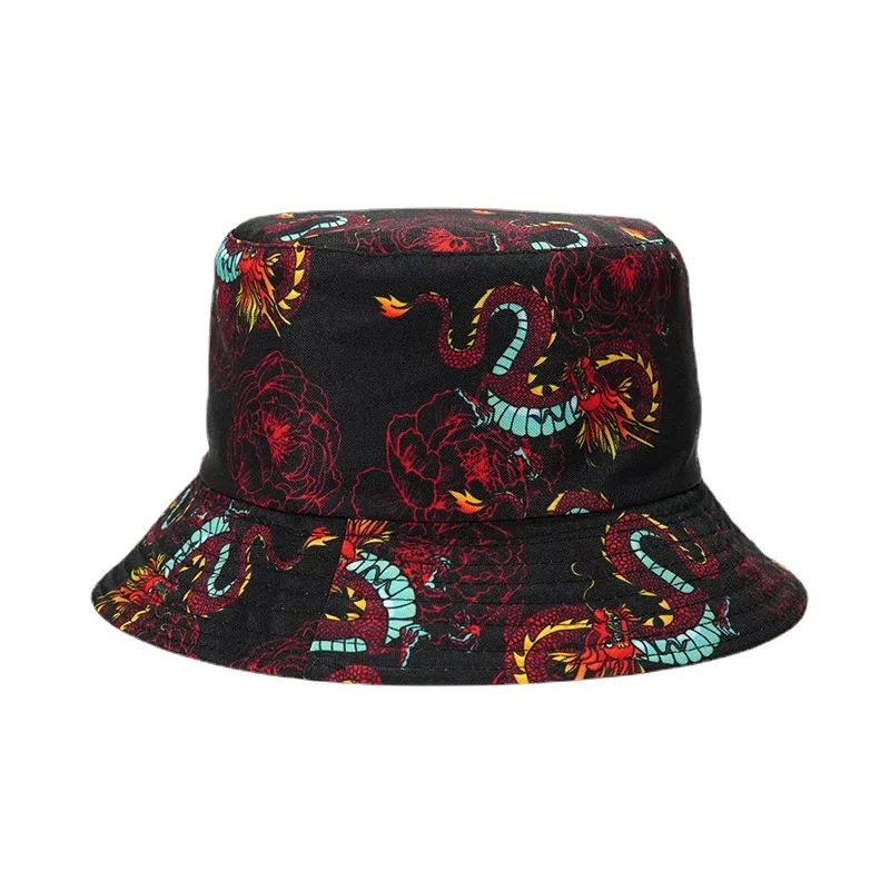 

2021 Fashion Dragon Print Fisherman Hat for Men Women Outdoor Summer Fishing Cap Bucket Hat Hip Hop Sun Hat