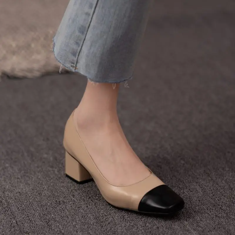 

KemeKiss New Woman High Heel Shoes Real Leather Mixed Color Thick Heel Pumps Women Fashion Elegant Shoes Woman Size 34-40