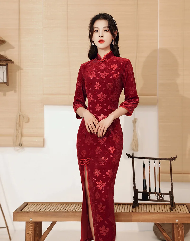 Женское винтажное красное платье Ципао с высоким разрезом и рукавом три четверти