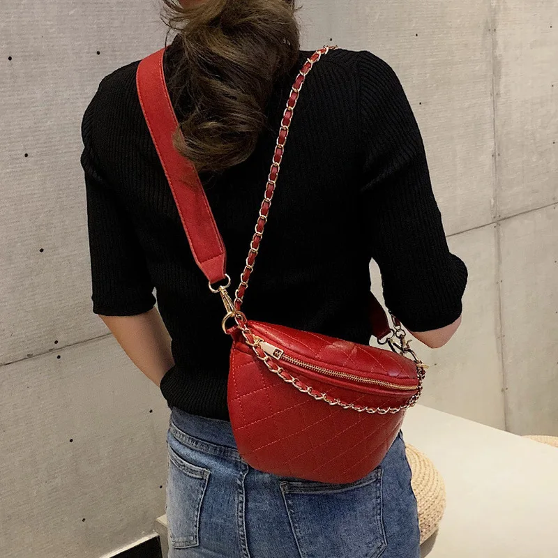 

Bolsa De Pecho 2021 Plaid Fanny Pack Thick Strap Crossbody Bag Trendy Chain Chest Bags For Women Multifunctional Black Waist Bag