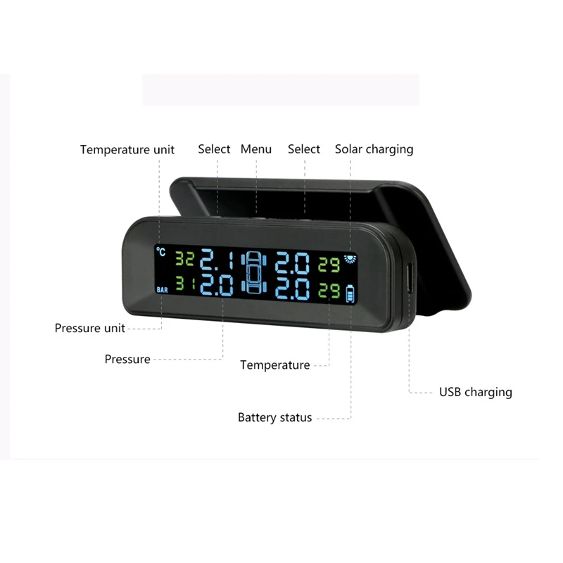 

Wireless Solar TPMS Car Tire Pressure Alarm Monitor System Display Temperature Warning with 4 External Sensors