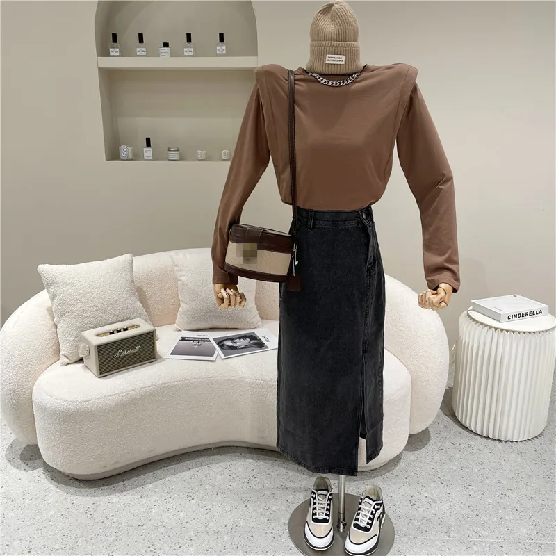 

Women's Spring Summer 2021 Fashion Versatile basic simple round neck Bottoming shirt Slim top split T-shirt