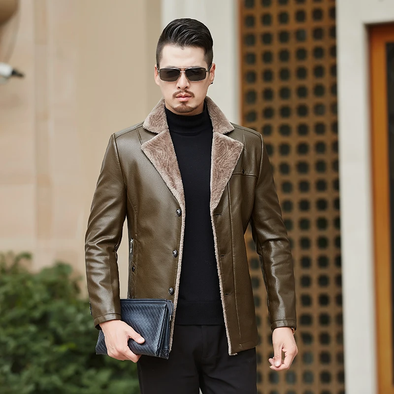 Мужская кожаная куртка XIU LUO коричневая из натуральной овечьей шкуры с меховым