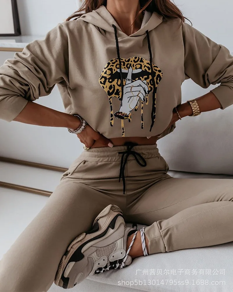 

Женский комплект с капюшоном и принтом губ, Осенний Модный пуловер с длинным рукавом, элегантные офисные повседневные свободные длинные бр...