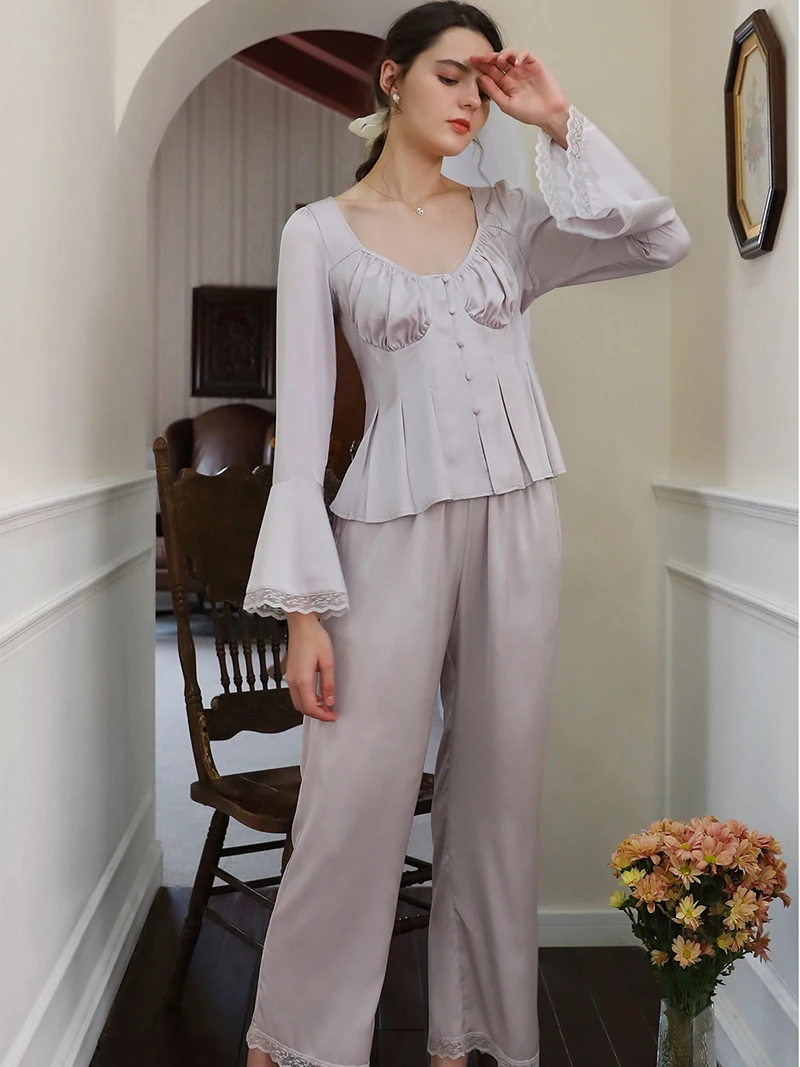 

Elegant Women French Style Silk Flare Sleeve Loungewear Pajamas Pleated Waist Tops and Loose Pants Vintage Princess Sleepwear