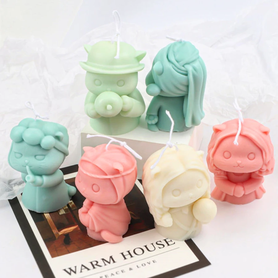 

3D Anime Cat Character Silicone Candle Mold DIY Aroma Candle Making Plaster Soap Resin Mold Fondant Cake Decor Gift Home Craft