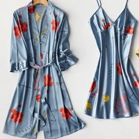 2pcs robe set satin lady kimono bathrobe gown 2021 summer new nightwear sexy print intimate lingerie home clothes sleepwear