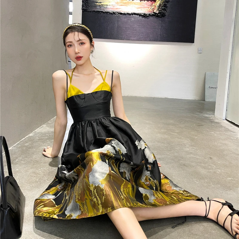 

XIZIHUPAN Vintage Floral Patchwork Dress For Women V Neck Sleeveless High Waist A Line Midi Dresses Females Summer Fashion Style