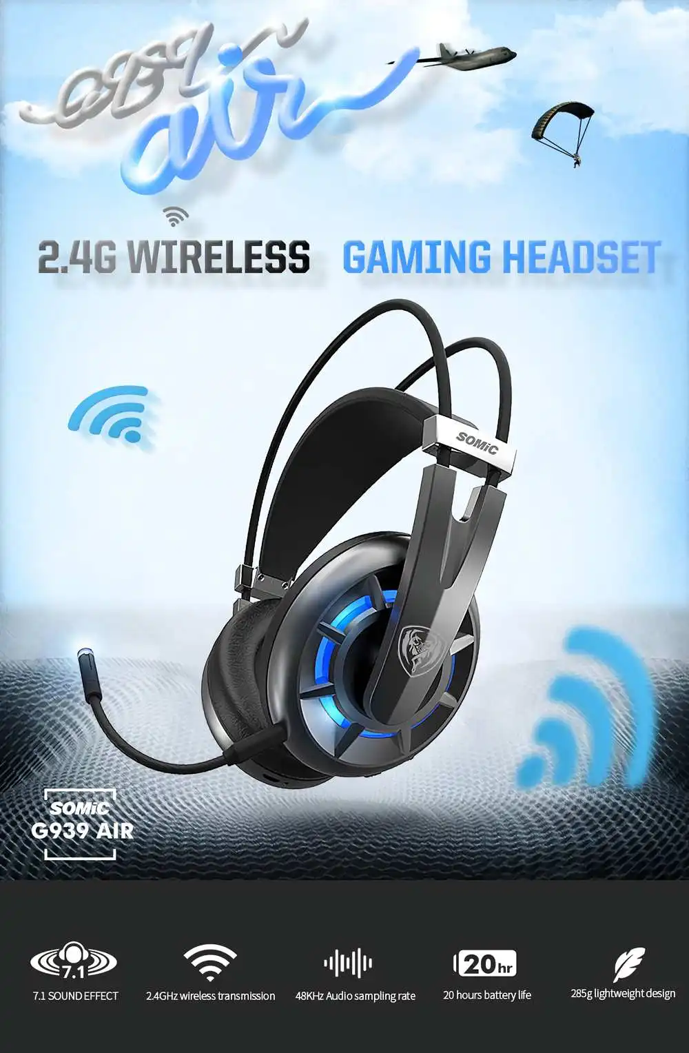SOMIC G939Air Virtual 7,1 Gamer гарнитура 2,4 ГГц Беспроводные Игровые наушники со съемным микрофоном для ПК PS4