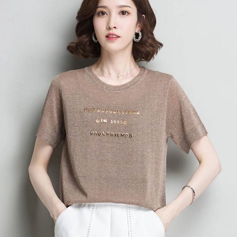 

Новинка 2021, летняя футболка, Женская эластичная футболка оверсайз, женская одежда, женские топы, женский топ с коротким рукавом, вязаная фут...