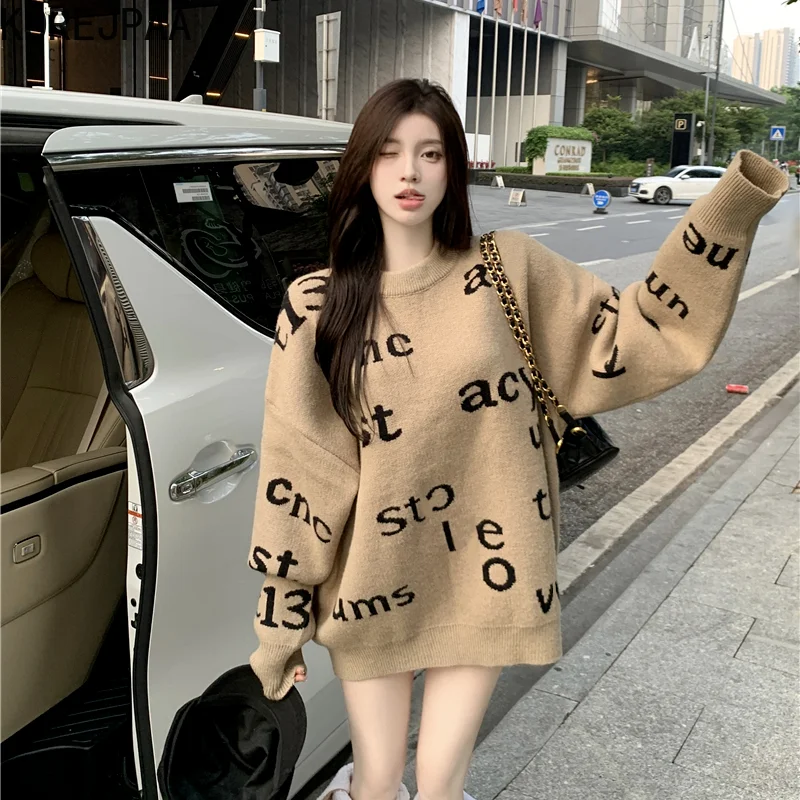 

Korejpaa Letter Printed Women Sweater 2021 Autumn Winter New Japanese Style Casual Long Sleeve Loose Pullover Knitwear Elegant