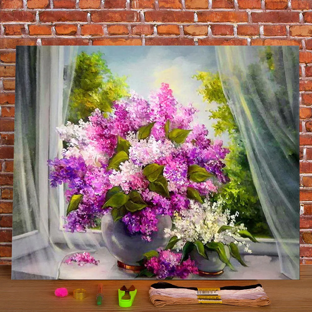 

Flowers Purple Printed Canvas 11CT Cross-Stitch Embroidery Full Kit DMC Threads Needlework Craft Sewing Handicraft Different
