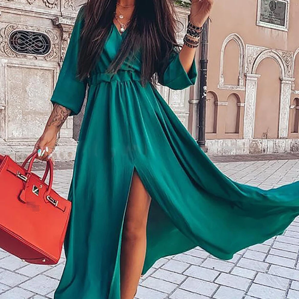

New 2021 Fashion Elegant Western Style Solid Color Loose Loose High Waist V-neck Split Fork Women's Dress Long Sleeve