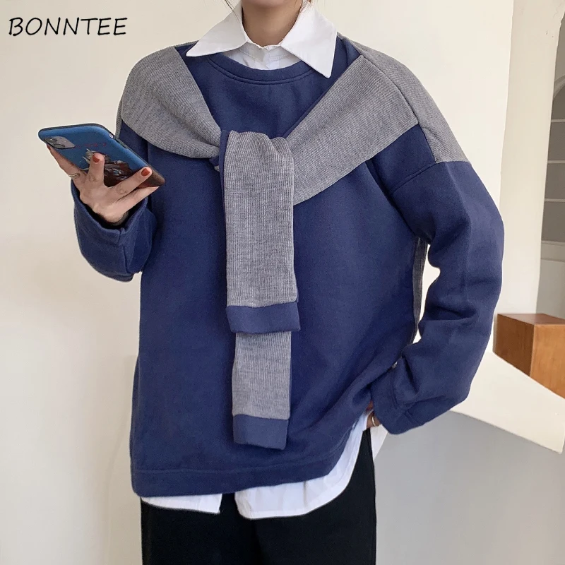 

Women Hoodies Couple Pullovers Round Neck Long Sleeve Solid Korean Style Fashion All-match Designer Casual Simple Patchwork