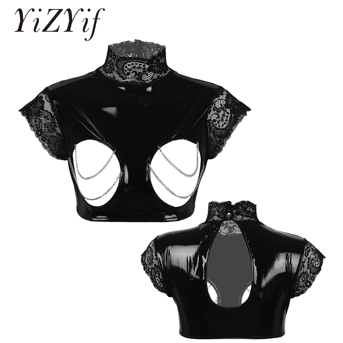 

Женские готические майки в стиле панк, Клубная одежда, модные топы из лакированной кожи без рукавов с открытым бюстом, женские укороченные т...