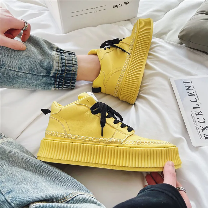 

Мужские повседневные кроссовки на толстой подошве, универсальные Молодежные туфли с высоким берцем, на плоской подошве, белые, весна