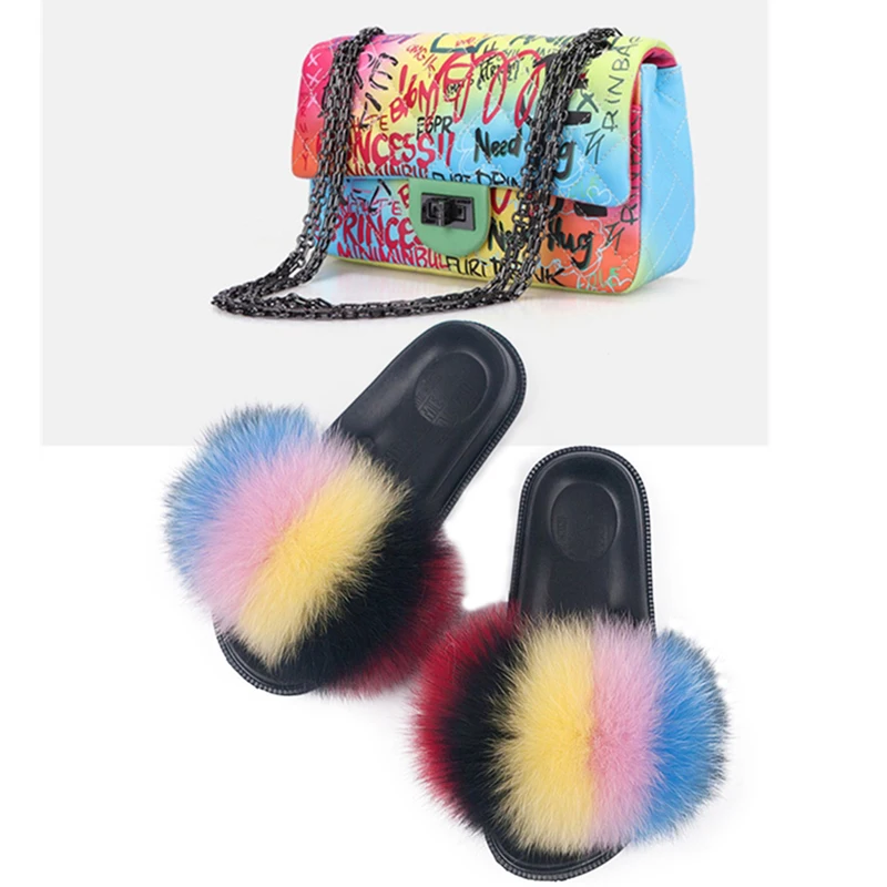 Женские тапочки из лисьего меха красочная железная сумка милые пушистые модные