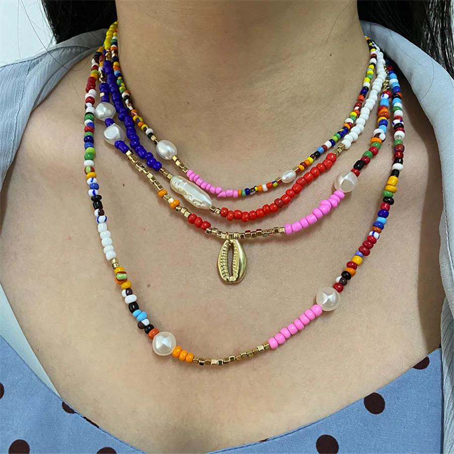 

2021 Fashion Multi-layer Bead Necklace Bohemian Color Glass Bead Shell Neck Chain Electroplating Jewelry Manufacturer Wholesale