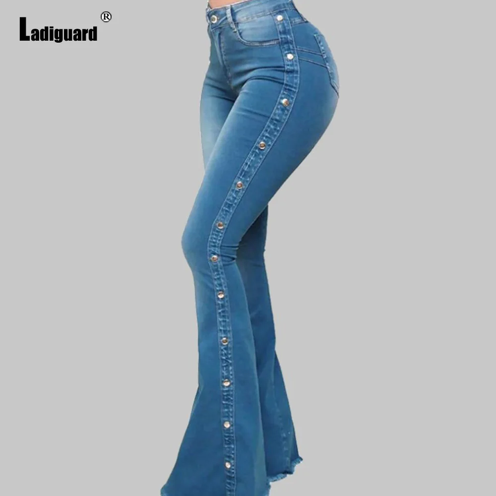 Ladiguard Women's Jeans Boot Cut Denim Pants Boyfriend Fashion Rivet Trouser High Waist Vintage Jean Pants Vaqueros Mujer 2021